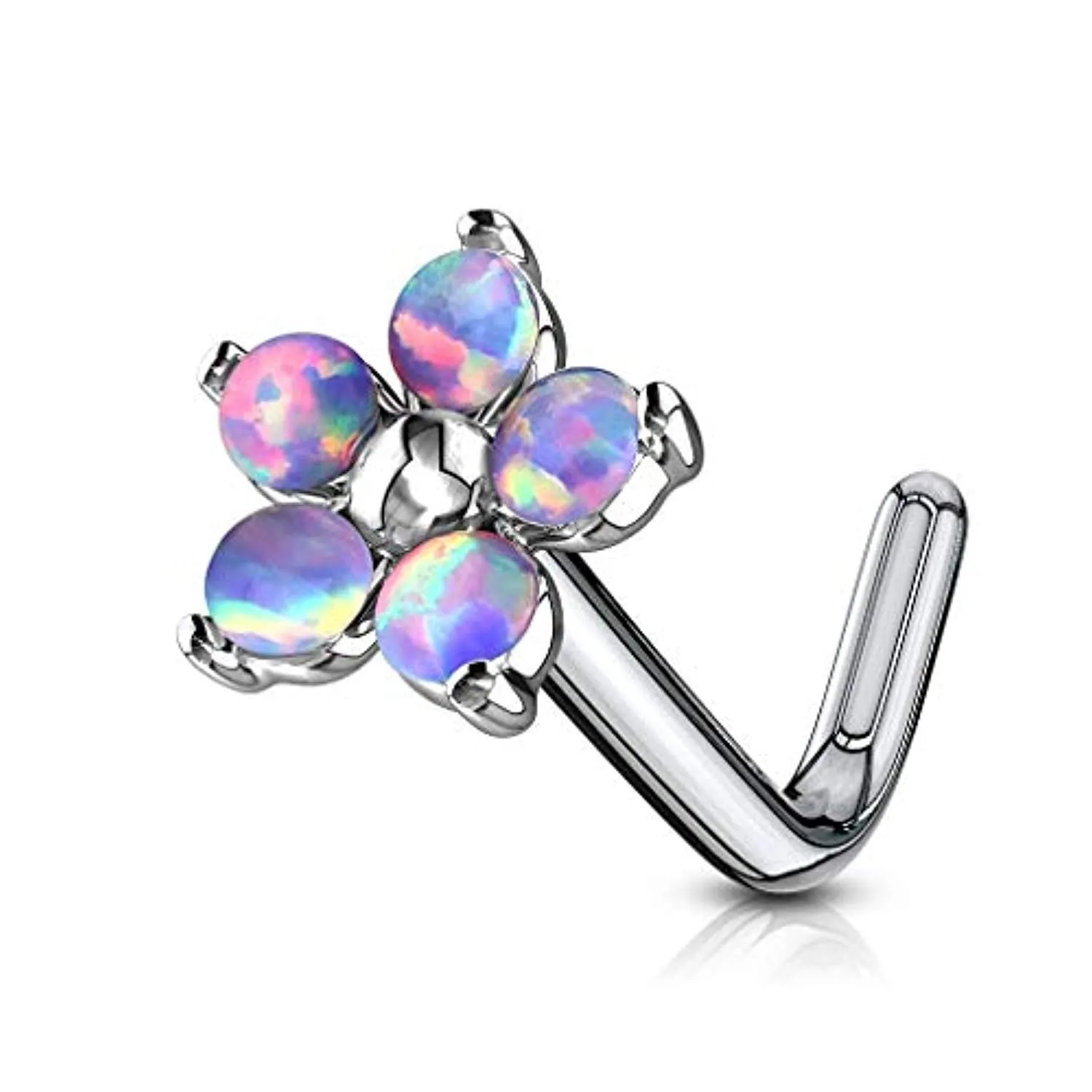 WildKlass Flower with 5 Opal Petals 316L Surgical Steel L Bend Nose Stud Rings