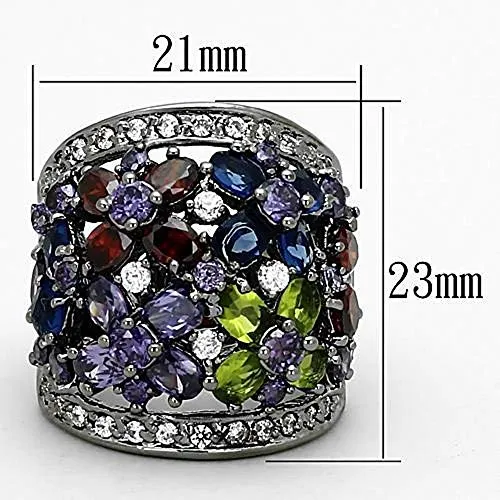 WildKlass  Stainless Steel Flower Ring Ruthenium Women AAA Grade CZ Multi Color