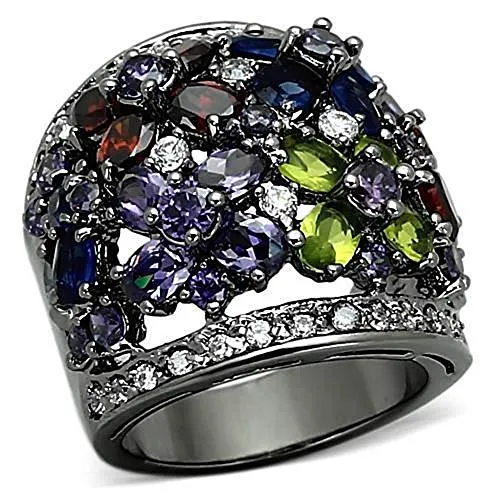 WildKlass  Stainless Steel Flower Ring Ruthenium Women AAA Grade CZ Multi Color