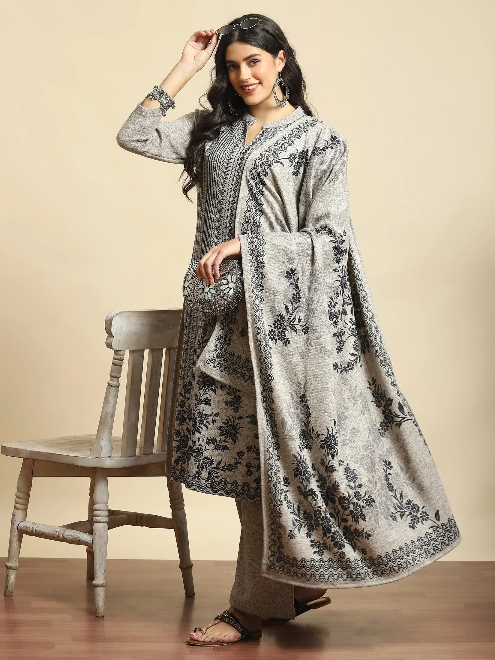 Women Beige Printed Kurta Bottom Dupatta