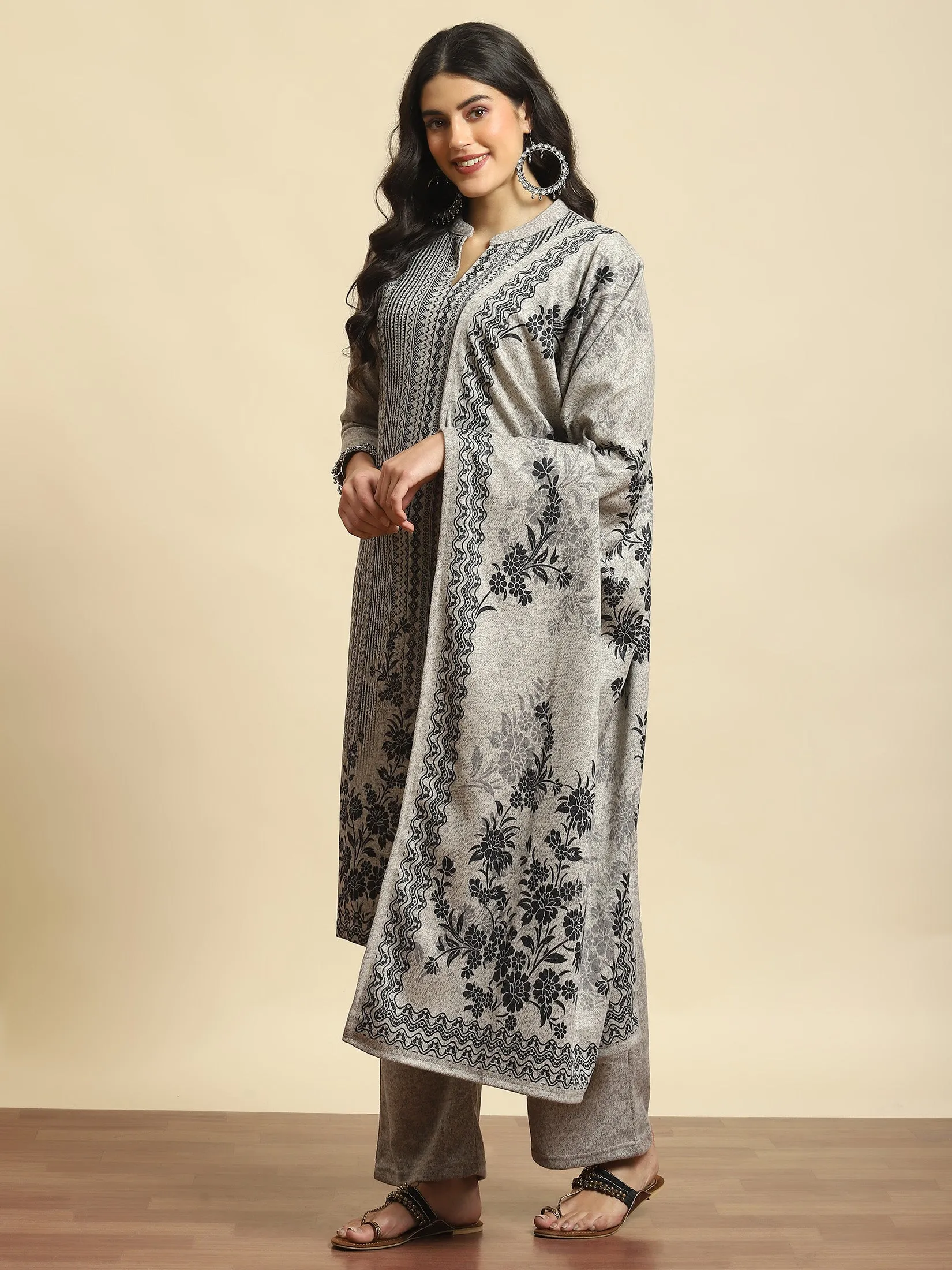 Women Beige Printed Kurta Bottom Dupatta