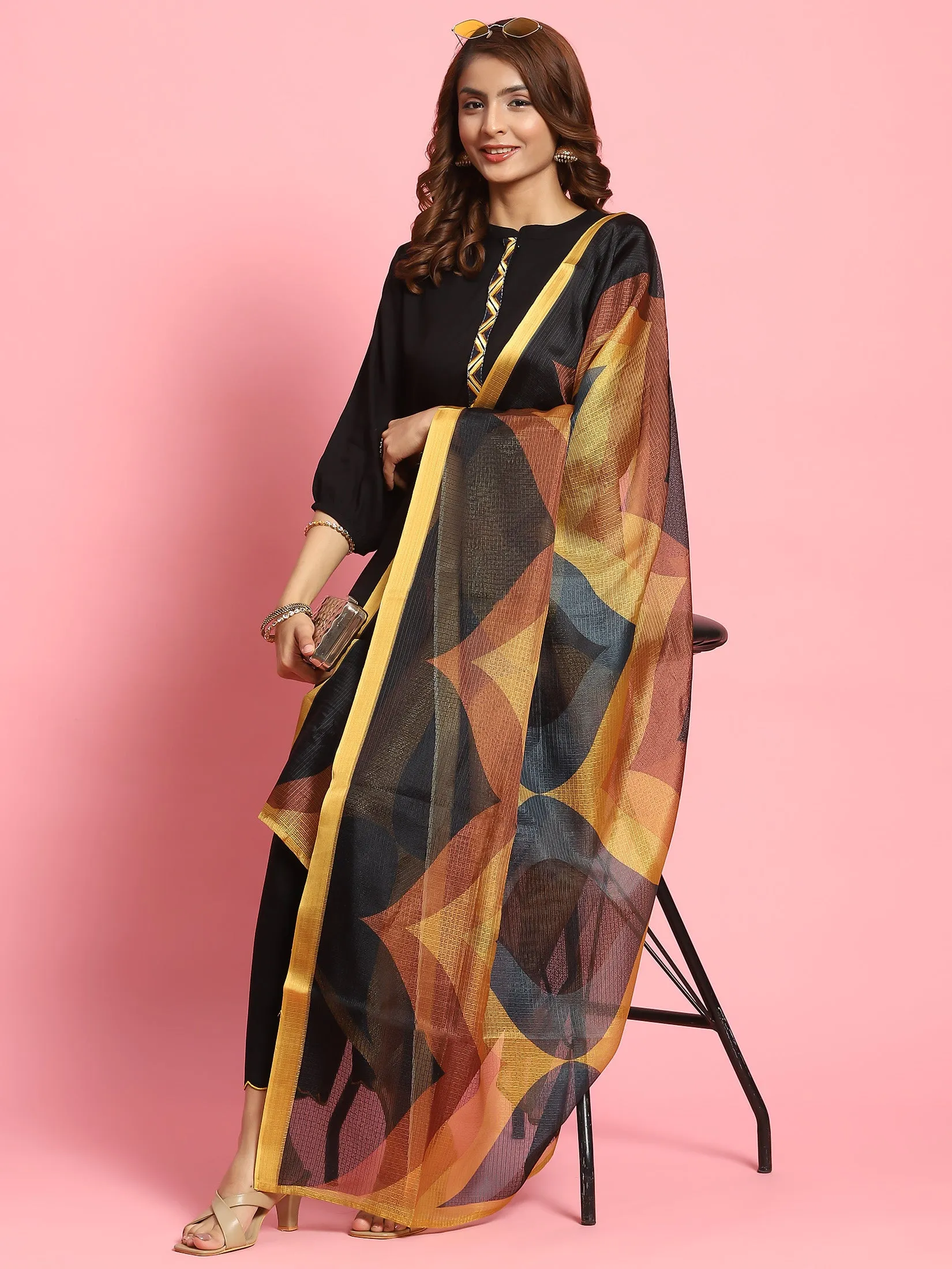 Women Black Solid Kurta Trouser Dupatta