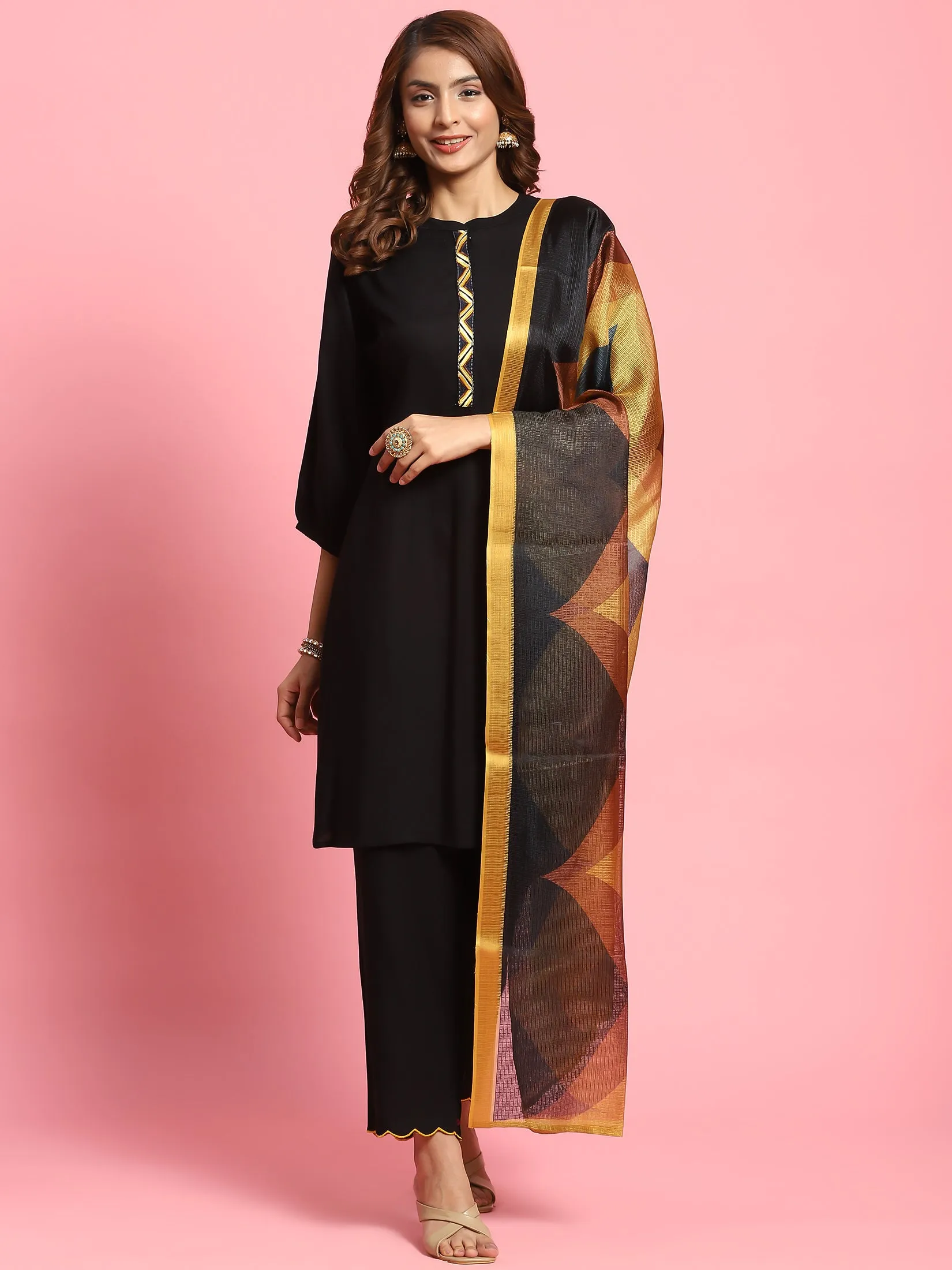 Women Black Solid Kurta Trouser Dupatta