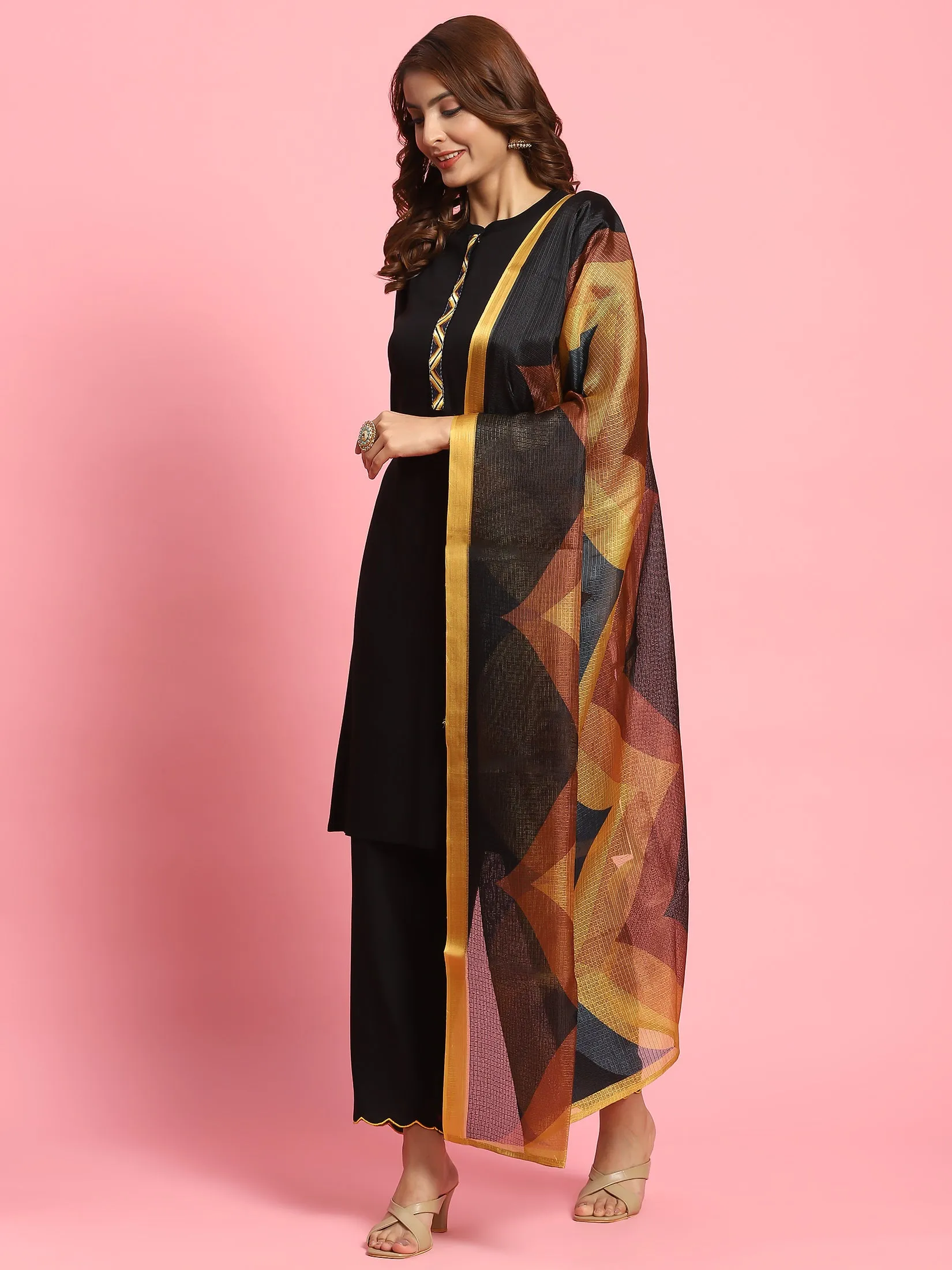 Women Black Solid Kurta Trouser Dupatta