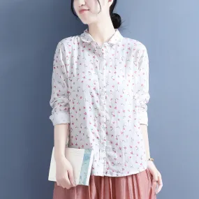 Women Summer Long Sleeve Floral Thin Cotton Blouse