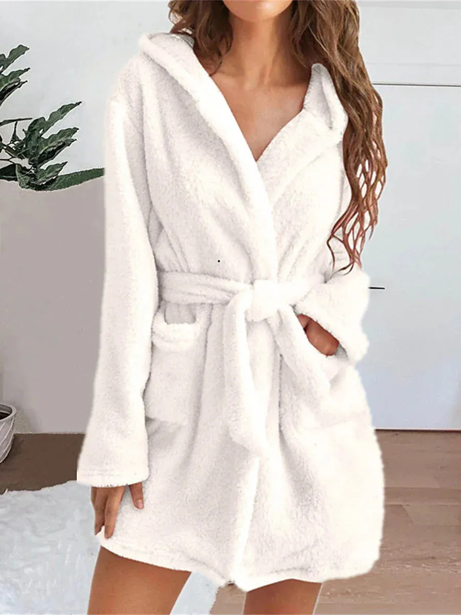 Women's Plush Coral Fleece Robe with Hoodie and Pockets