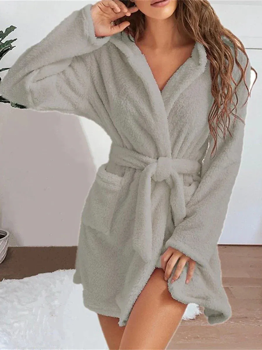 Women's Plush Coral Fleece Robe with Hoodie and Pockets