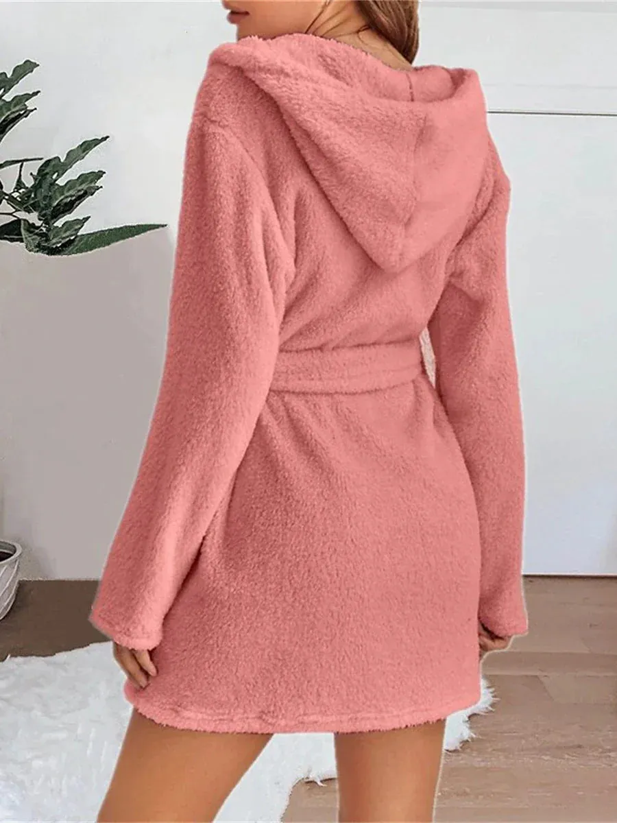 Women's Plush Coral Fleece Robe with Hoodie and Pockets