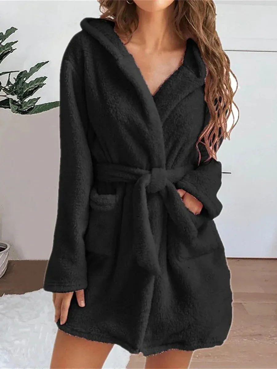 Women's Plush Coral Fleece Robe with Hoodie and Pockets