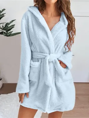 Women's Plush Coral Fleece Robe with Hoodie and Pockets