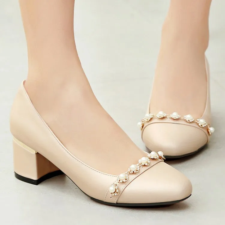 Women's Rhinestone Pearl High Heeled Chunky Heels Pumps