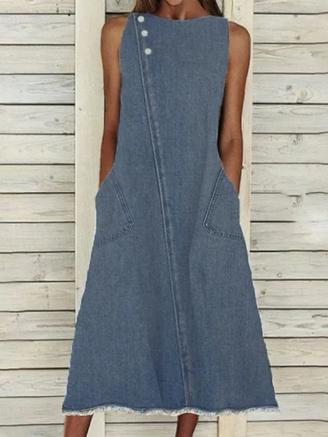 Women's Sleeveless Denim Maxi Dress with Pockets