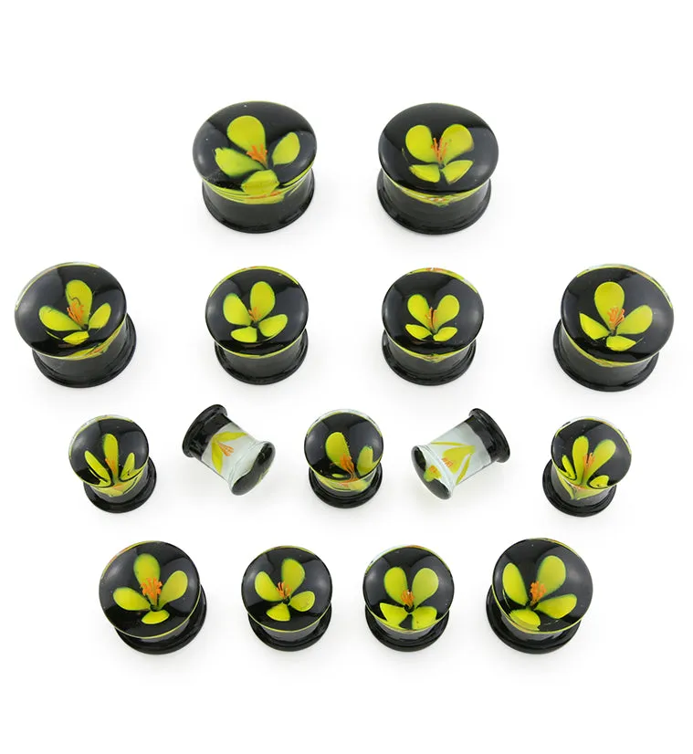 Yellow Poppy Flower Black Glass Double Flare Plugs